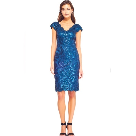 NEW! Tadashi Shoji Paillette Embroidered Lace V-Neck Dress Sequins Blue SZ 6 - Picture 1 of 14